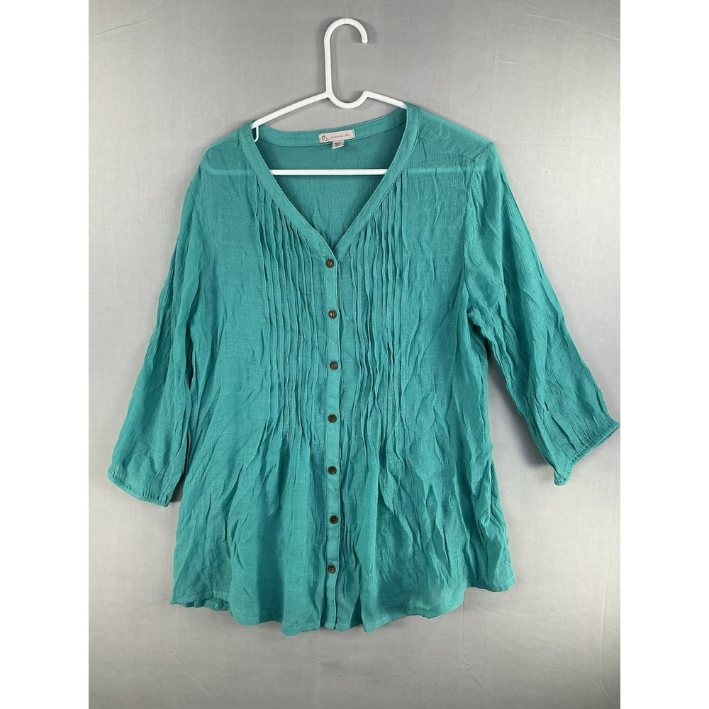 Women's 2X Teal Button Front Crinkle Blouse 3/4 Sleeve